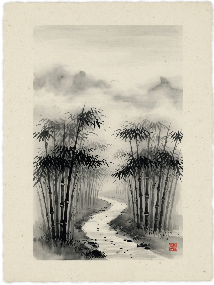 Chemin dans les bambous, encre